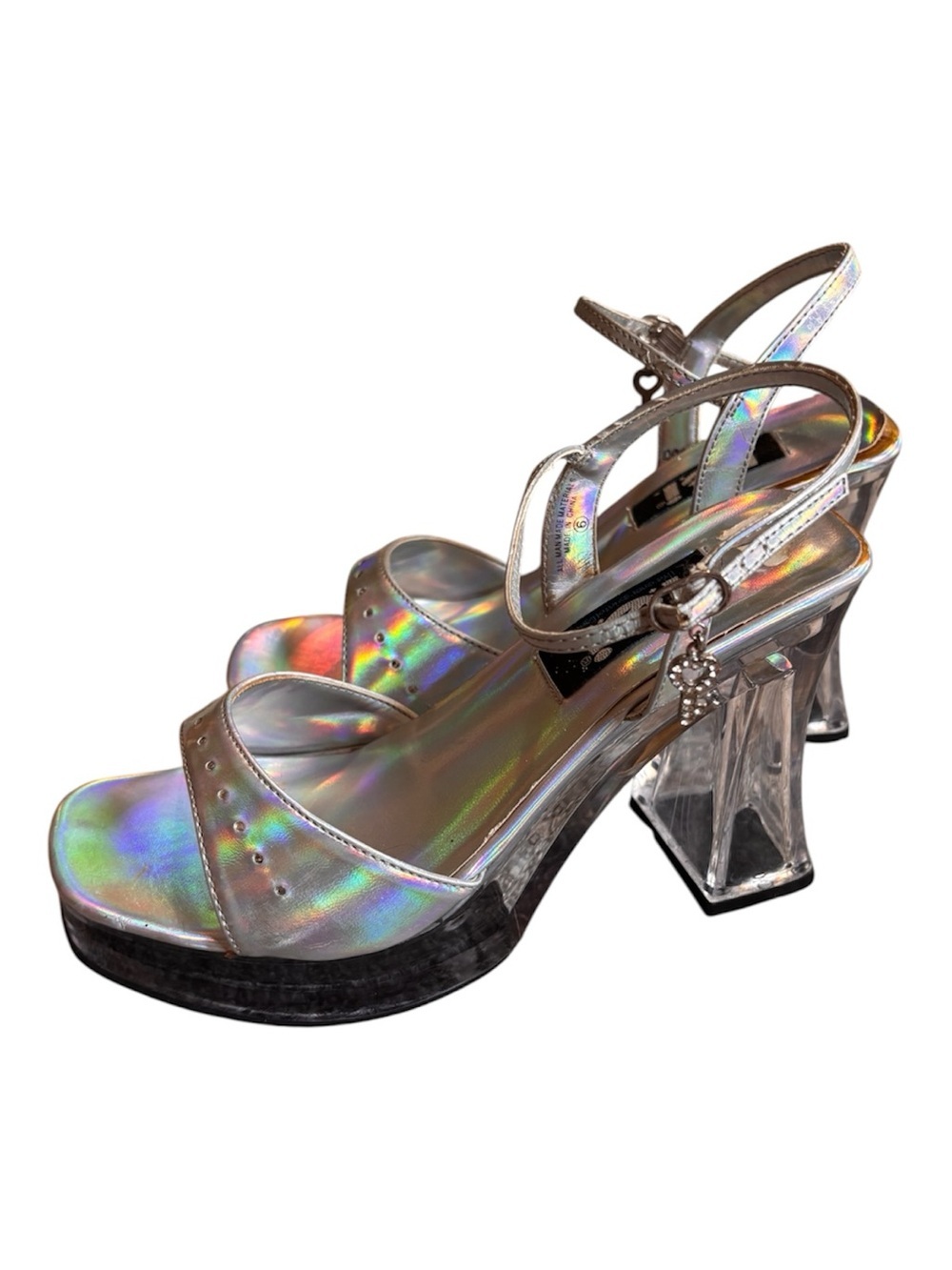 Vintage Y2K lei Holographic Silver Open-Toe Slingback Heels - Picture 4 of 4